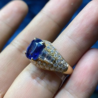 BGL四爪波面满钻镂空彩宝双肩梯方蓝宝石戒指