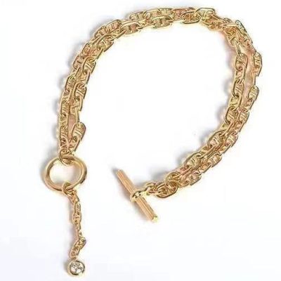 爱H仕-15G026361猪鼻子单钻光金日字双手链（链长17cm）