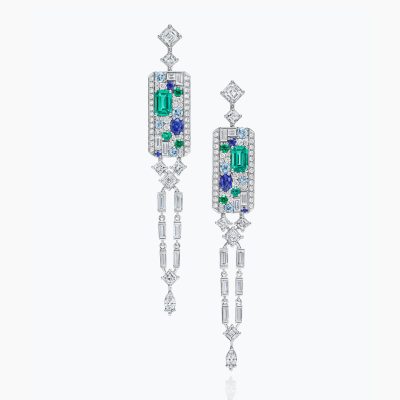 HW-CENTRALPARK梯方、祖母绿5.5×8mm 、多形状拼石中央公园耳环
