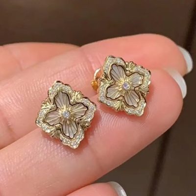 BQLT-EAR158412小版高12.5mm实心底金有边丝玛瑙版欧式包镶四叶草耳钉